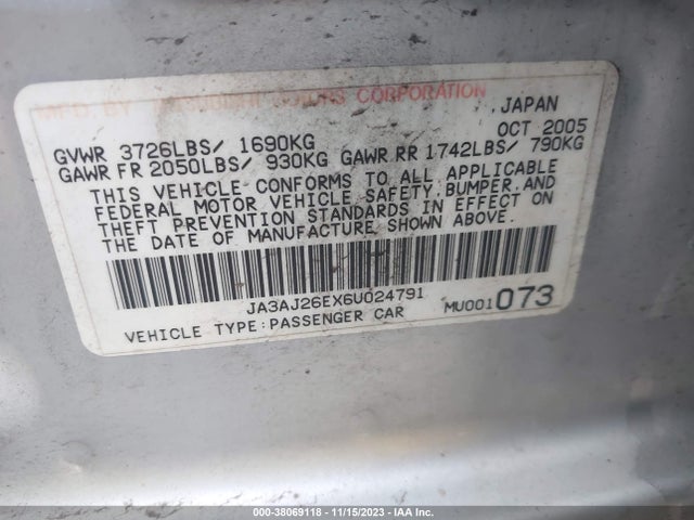 2006 MITSUBISHI LANCER ES/SE VIN: JA3AJ26EX6U024791