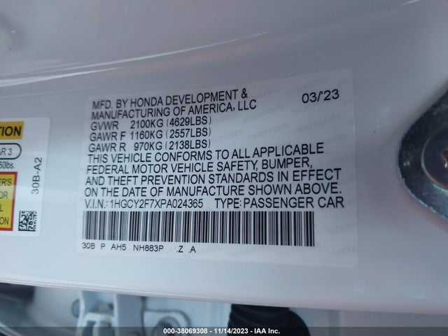 2023 HONDA ACCORD HYBRID SPORT-L VIN: 1HGCY2F7XPA024365