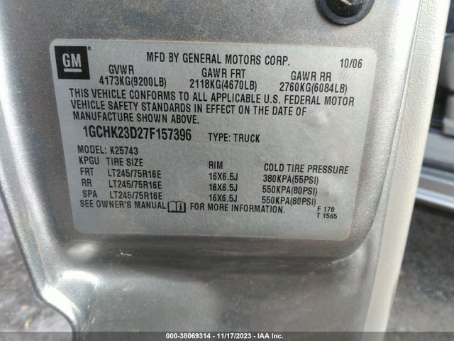 2007 CHEVROLET SILVERADO 2500HD CLASSIC LT3 VIN: 1GCHK23D27F157396