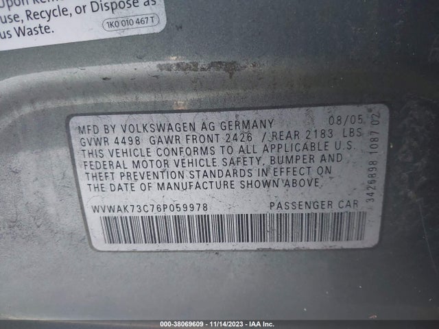 2006 VOLKSWAGEN PASSAT VALUE EDITION VIN: WVWAK73C76P059978