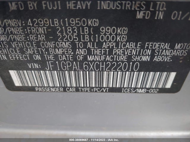 2012 SUBARU IMPREZA 2.0I SPORT PREMIUM VIN: JF1GPAL6XCH222010