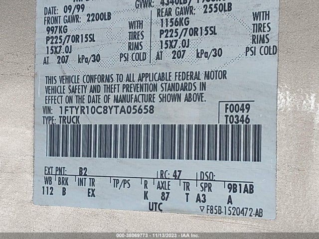 2000 Ford Ranger Xlt/xl მანქანა იყიდება აუქციონზე, vin: 1FTYR10C8YTA05658, აუქციონის ნომერი: 38069773