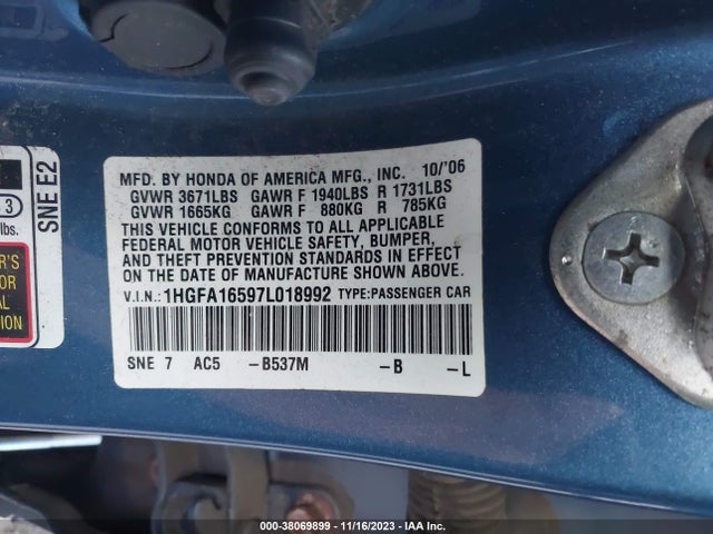 2007 HONDA CIVIC LX VIN: 1HGFA16597L018992