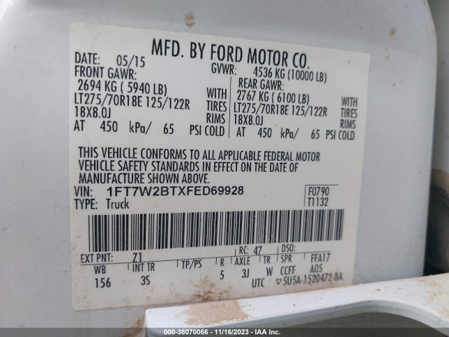 2015 FORD F-250 XLT VIN: 1FT7W2BTXFED69928