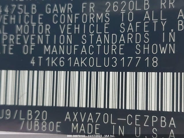 Toyota CAMRY XSE 2020 4T1K61AK0LU317718 Image 9