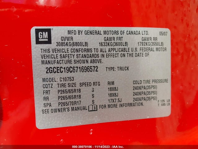 2007 CHEVROLET SILVERADO 1500 LT1 VIN: 2GCEC19C671696572