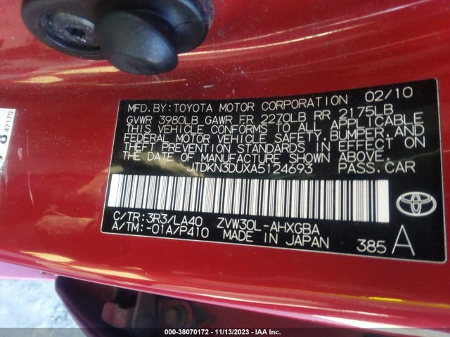 2010 TOYOTA PRIUS IV VIN: JTDKN3DUXA5124693
