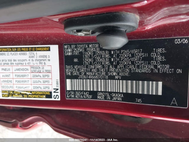 2006 TOYOTA 4RUNNER SR5 V6 VIN: JTEBU14R668070118