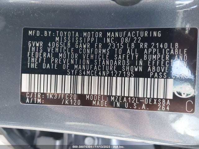 2022 TOYOTA COROLLA SE VIN: 5YFS4MCE4NP127195