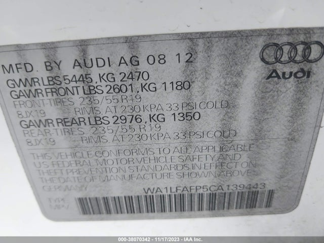 38070342 :رقم المزاد ، WA1LFAFP5CA139443 vin ، 2012 Audi Q5 2.0t Premium مزاد بيع