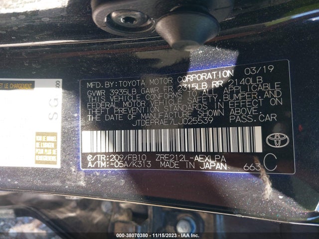 2020 TOYOTA COROLLA LE VIN: JTDEPRAE7LJ025539