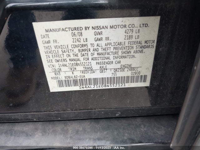 2008 NISSAN ALTIMA 2.5 S VIN: 1N4AL21E08N552121