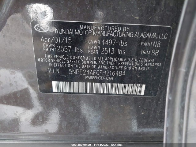 2015 HYUNDAI SONATA SE VIN: 5NPE24AF0FH216484