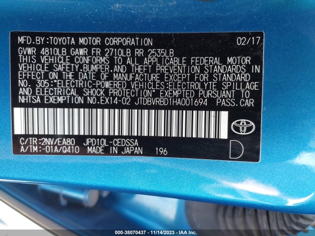 38070437 :رقم المزاد ، JTDBVRBD1HA001694 vin ، 2017 Toyota Mirai مزاد بيع