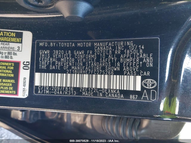 2015 TOYOTA COROLLA LE VIN: 2T1BURHE7FC275266