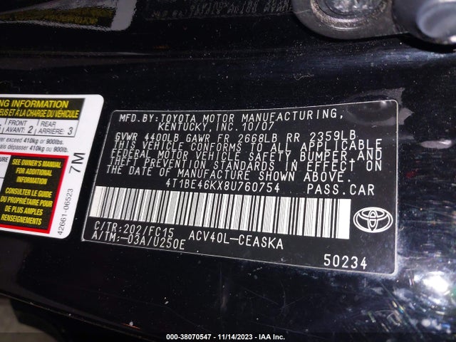 2008 TOYOTA CAMRY SE VIN: 4T1BE46KX8U760754