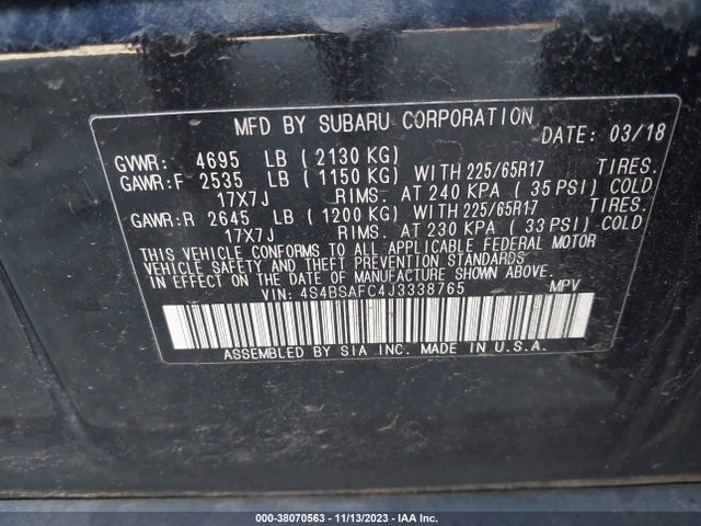 2018 SUBARU OUTBACK 2.5I PREMIUM VIN: 4S4BSAFC4J3338765