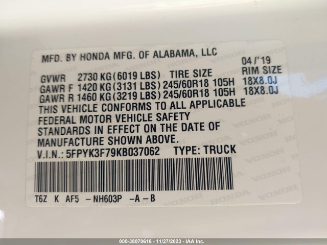 Honda Ridgeline Rtl-e 2019 5FPYK3F79KB037062 Image 9