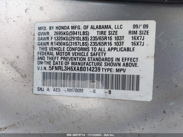 2010 HONDA ODYSSEY EX-L VIN: 5FNRL3H6XAB014239