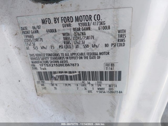 2008 FORD F-250 FX4/LARIAT/XL/XLT VIN: 1FTSX21528EB67873