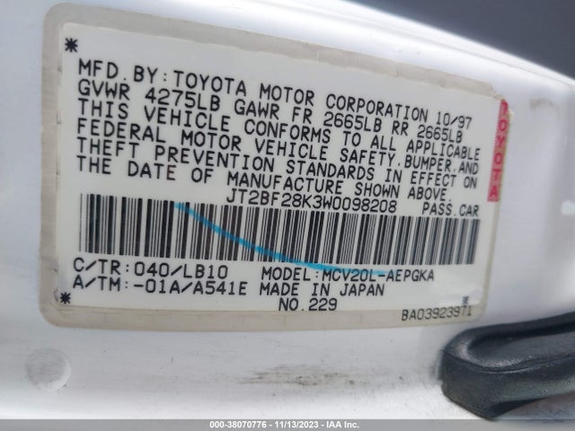 1998 TOYOTA CAMRY XLE V6 VIN: JT2BF28K3W0098208