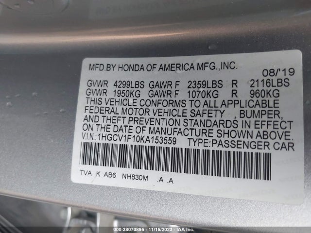 Honda Accord Sedan Lx 1.5t 2019 1HGCV1F10KA153559 Image 9