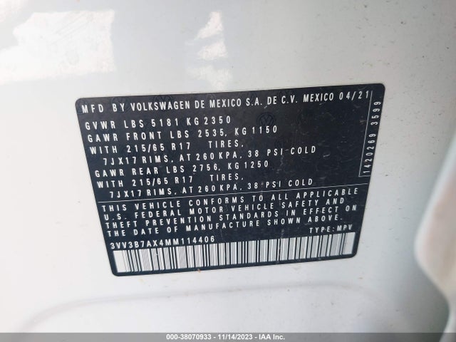 3VV3B7AX4MM114406 Volkswagen Tiguan 2.0t Se