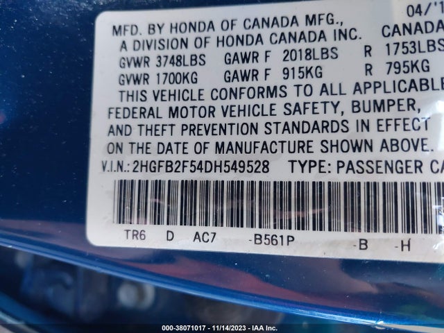 2013 HONDA CIVIC SDN LX VIN: 2HGFB2F54DH549528