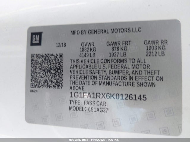 Chevrolet Camaro 1lt 2019 1G1FA1RX6K0126145 Image 9