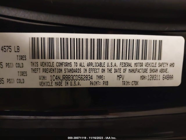 2012 JEEP PATRIOT SPORT VIN: 1C4NJRBB3CD562834