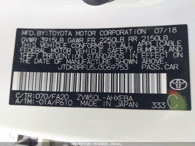 Toyota Prius Two 2018 JTDKBRFU5J3069753 Image 9
