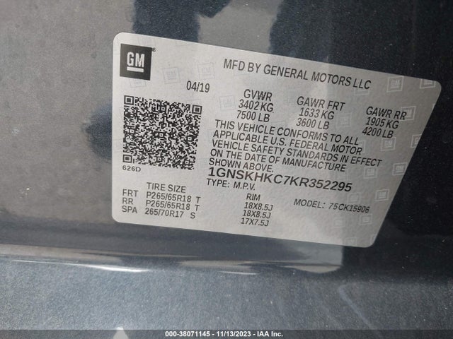 Chevrolet Suburban Lt 2019 1GNSKHKC7KR352295 Image 9