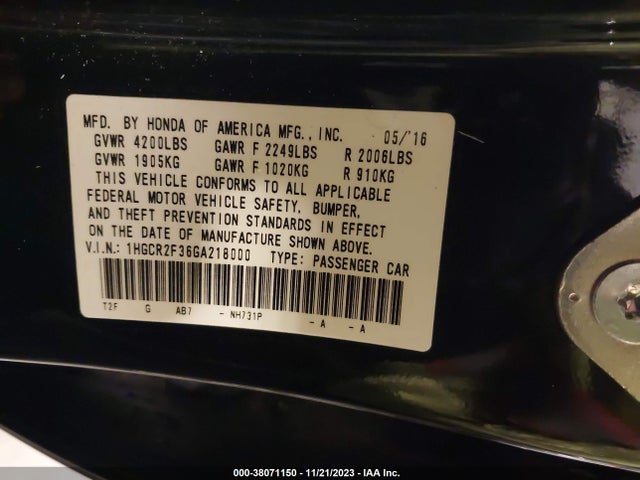 Honda ACCORD LX 2016 1HGCR2F36GA218000 Image 9
