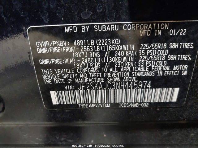 2022 SUBARU FORESTER SPORT VIN: JF2SKAJC3NH445974