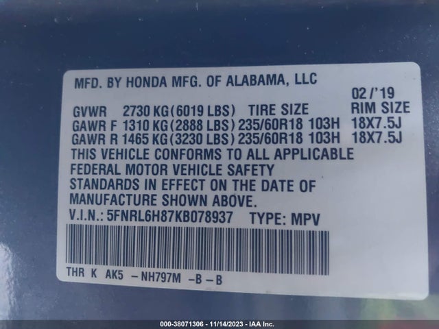 Honda Odyssey Touring 2019 5FNRL6H87KB078937 Image 9