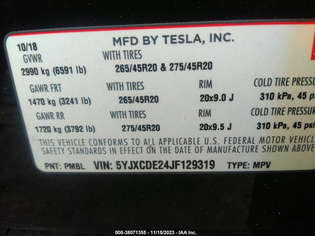 5YJXCDE24JF129319 Tesla Model X 75d/p100d/100d