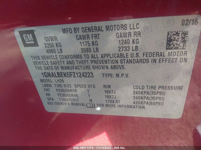 Chevrolet EQUINOX 1LT 2015 1GNALBEK6FZ124223 Image 9