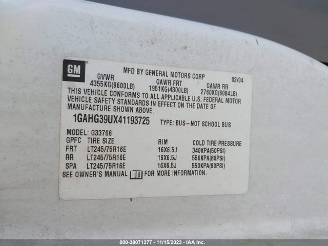 2004 CHEVROLET EXPRESS VIN: 1GAHG39UX41193725