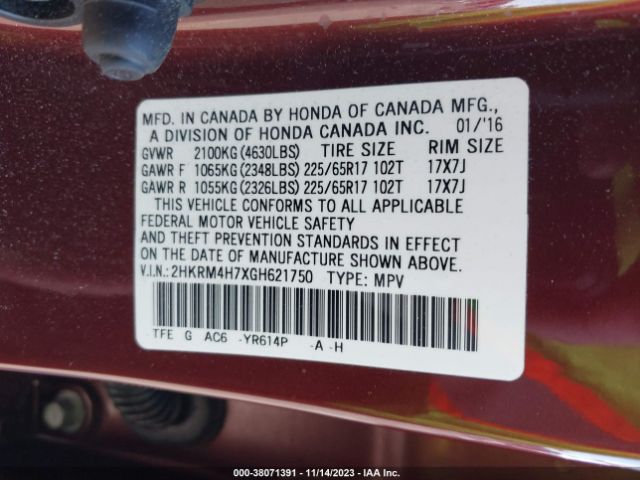 2HKRM4H7XGH621750 Honda Cr-v Ex-l