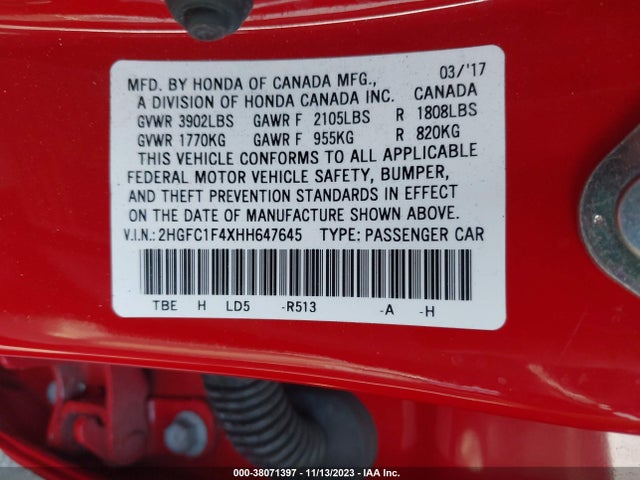 2017 HONDA CIVIC EX-T VIN: 2HGFC1F4XHH647645