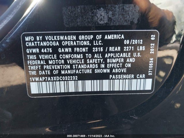 2013 VOLKSWAGEN PASSAT 2.5L S VIN: 1VWAP7A3XDC032232