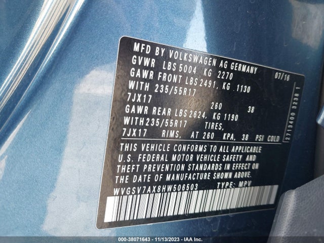 WVGSV7AX8HW506503 Volkswagen Tiguan 2.0t Wolfsburg Edition