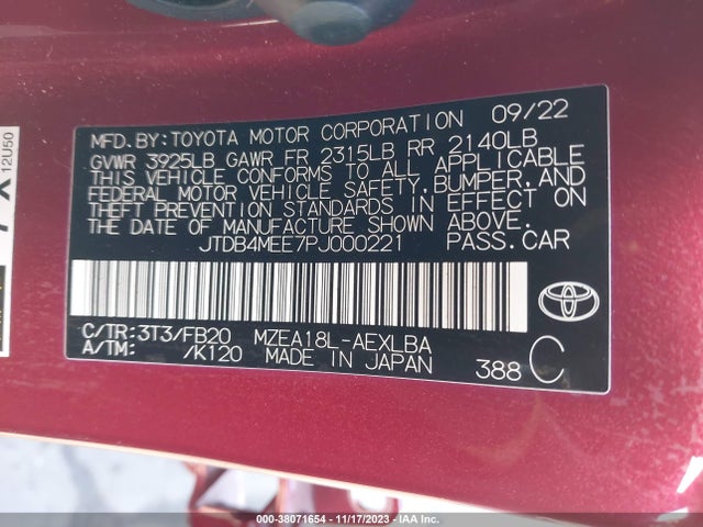 2023 TOYOTA COROLLA LE VIN: JTDB4MEE7PJ000221