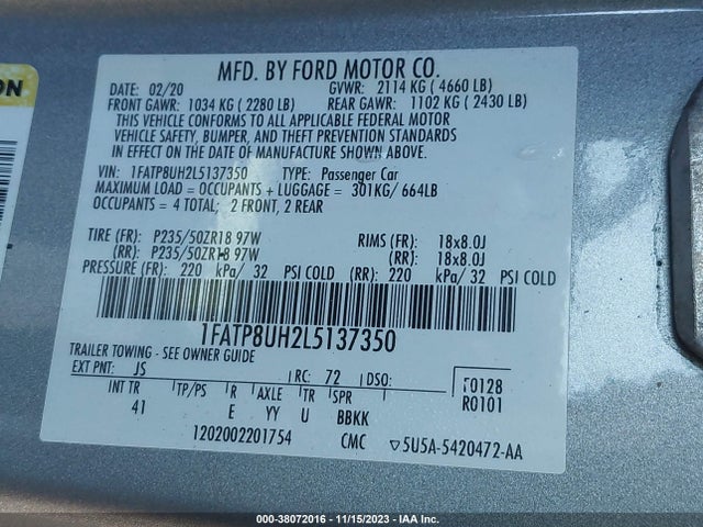 2020 FORD MUSTANG ECOBOOST PREMIUM VIN: 1FATP8UH2L5137350