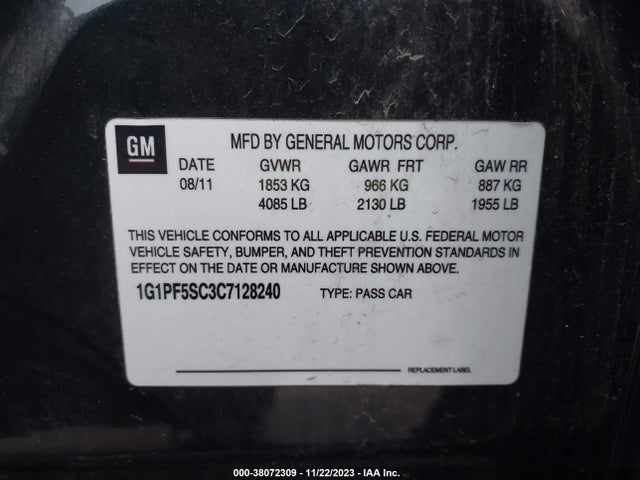 2012 CHEVROLET CRUZE 1LT VIN: 1G1PF5SC3C7128240