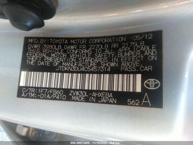 2012 TOYOTA PRIUS TWO VIN: JTDKN3DU4C5457314