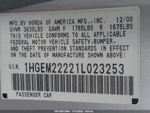 2001 HONDA CIVIC DX VIN: 1HGEM22221L023253