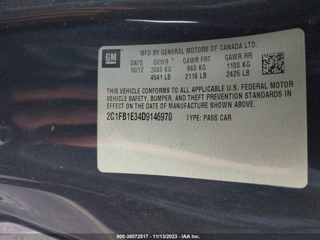 38072517 :رقم المزاد ، 2G1FB1E34D9146970 vin ، 2013 Chevrolet Camaro 1lt مزاد بيع