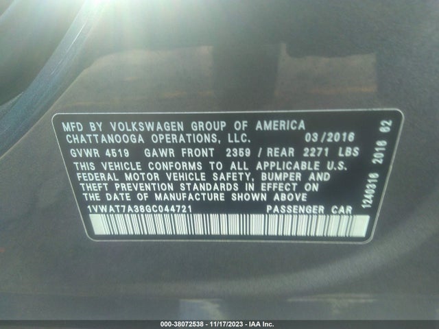 1VWAT7A38GC044721 Volkswagen Passat 1.8t S