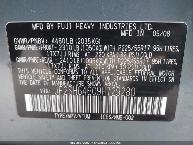 2009 SUBARU FORESTER 2.5X LIMITED VIN: JF2SH64609H729280